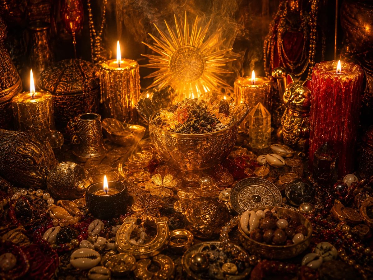 Altar da sorte: um sol dourado, moedas e cristais à luz das velas