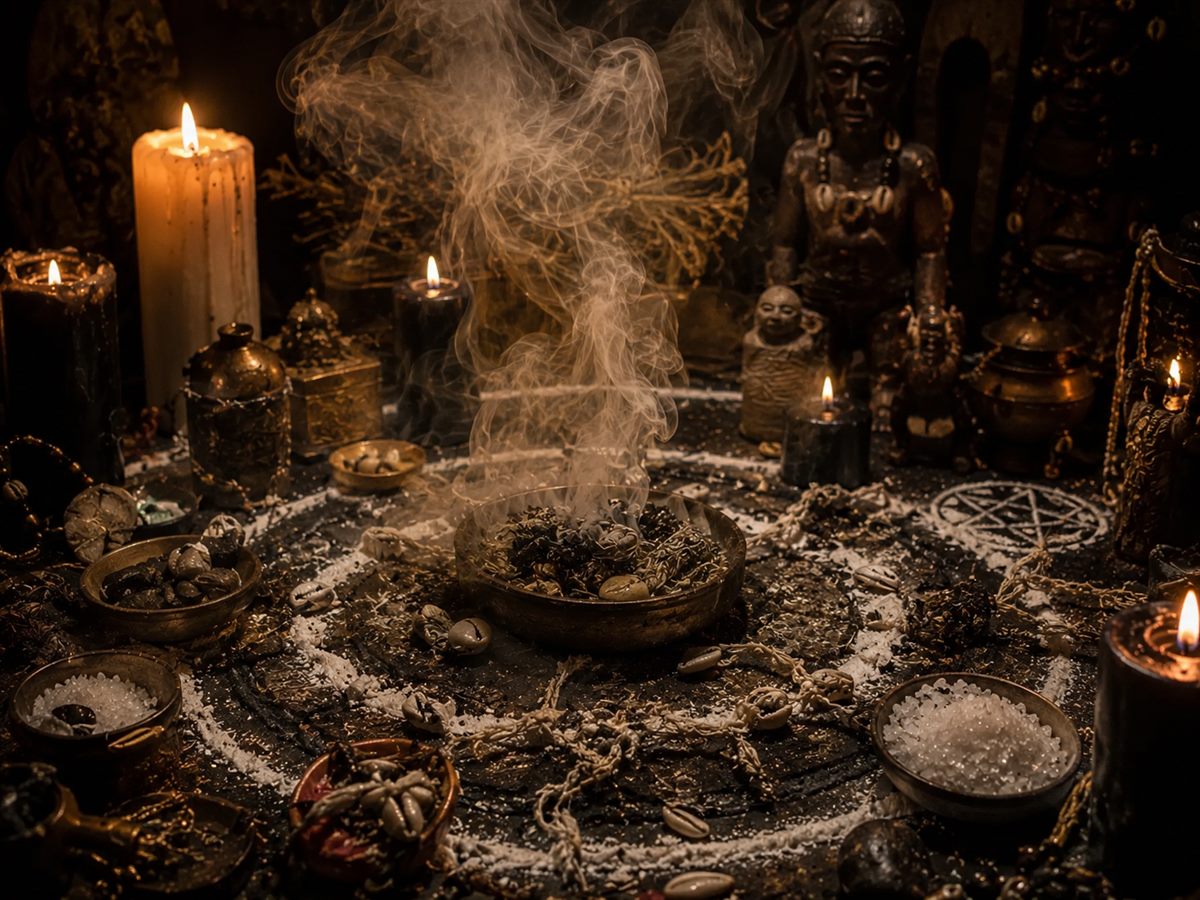 Ritual de quebra de feitiço: braseiro a fumegar rodeado de sal e cristais