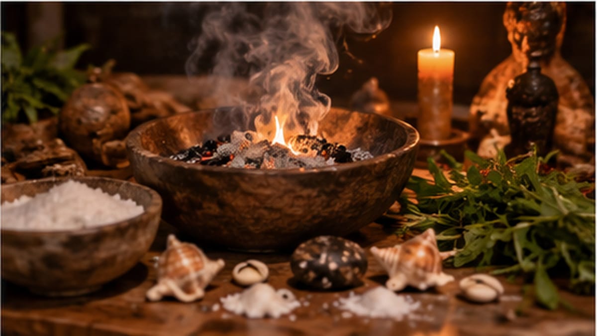 Incenso, sal, conchas e ervas sobre o altar