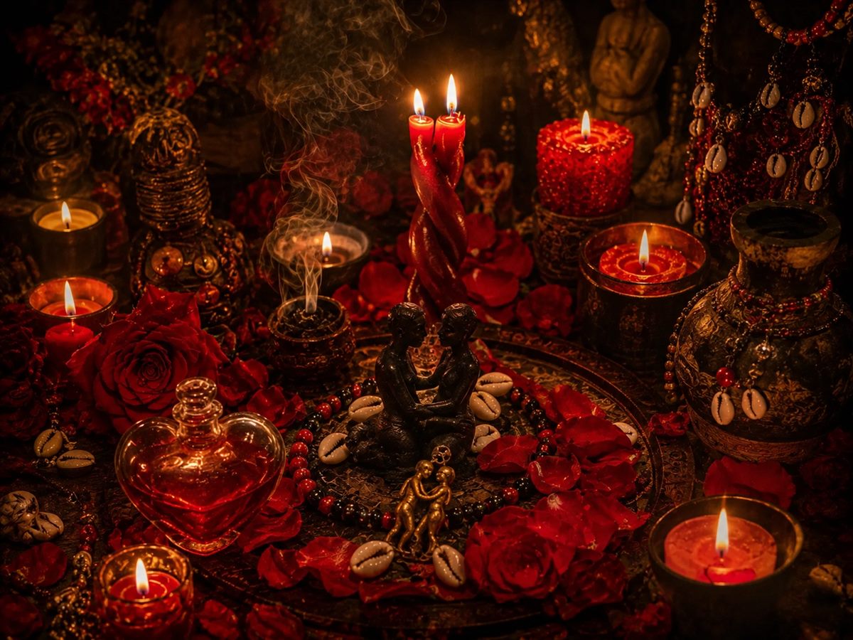 Altar de reconciliação: velas vermelhas, rosas e um frasco em forma de coração
